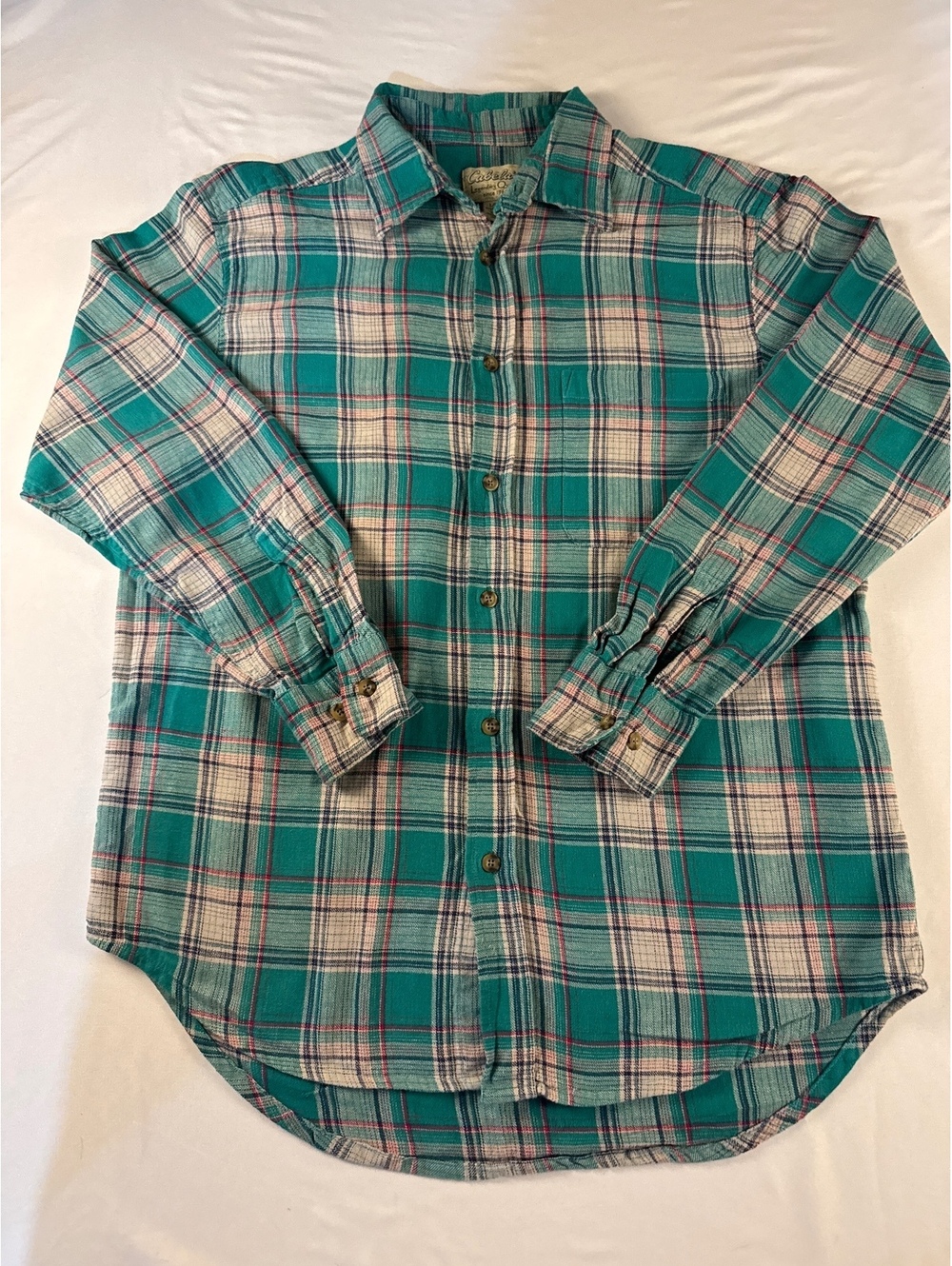 Cabela's Men's Large Green Teal Plaid Flannel Shirt